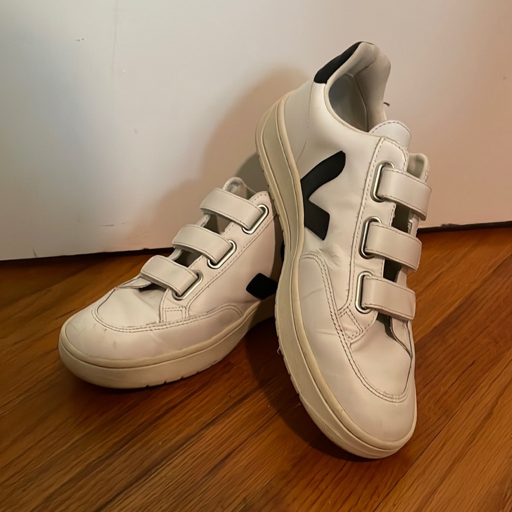 Veja White and Black Velcro Sneakers